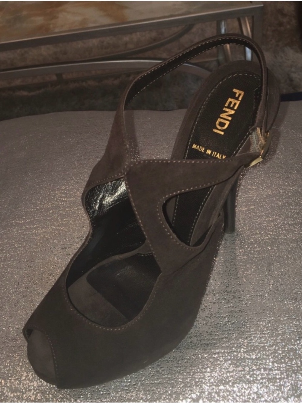 Fendi Chocolate Brown Velvet Peep Toe Slingback Heels Size 37.5 - Picture 9 of 11